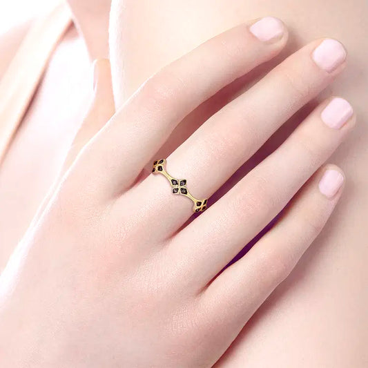 GABRIEL & CO 14K YELLOW GOLD BLACK DIAMOND FLORAL STATION STACKABLE RING