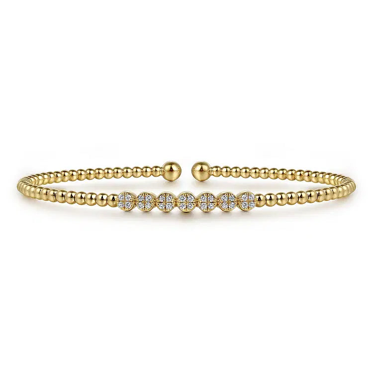 GABRIEL & CO 14K YELLOW GOLD DIAMOND BEAD CUFF BRACELET WITH CLUSTER DIAMOND STATIONS