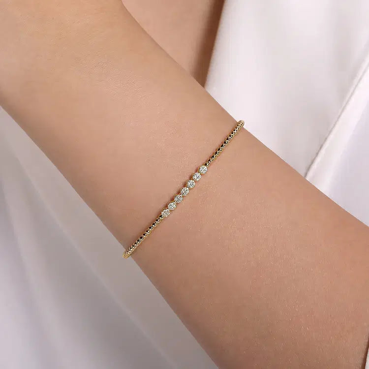 GABRIEL & CO 14K YELLOW GOLD DIAMOND BEAD CUFF BRACELET WITH CLUSTER DIAMOND STATIONS