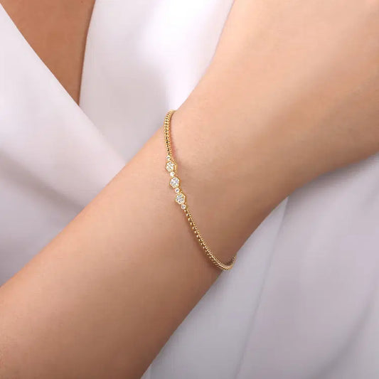 GABRIEL & CO 14K YELLOW GOLD DIAMOND HEXAGON STATION BUJUKAN BEAD BRACELET