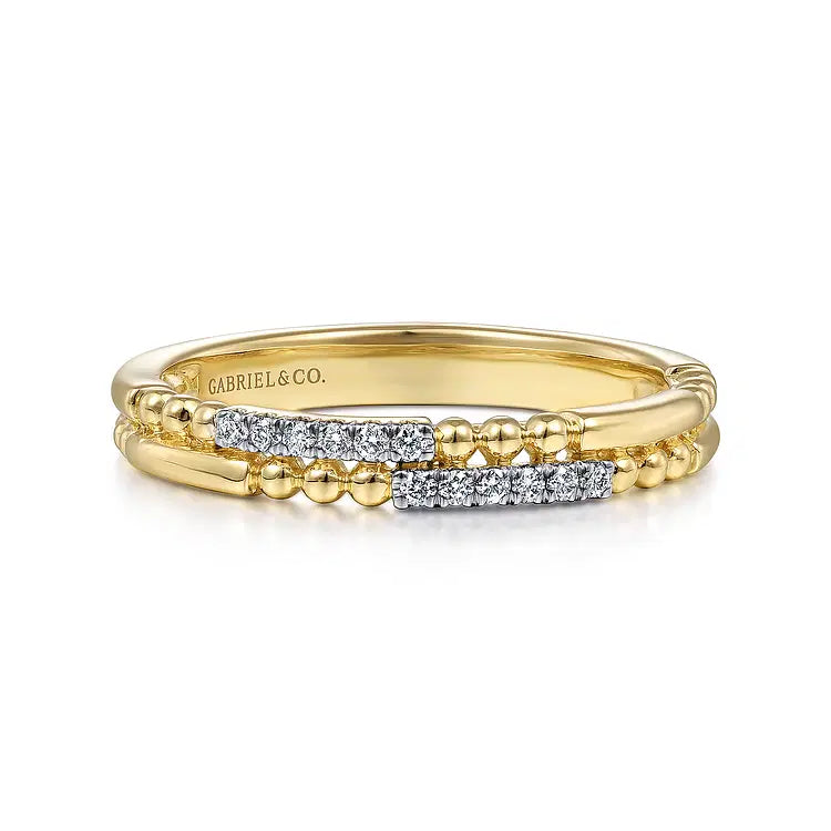 GABRIEL & CO 14K YELLOW GOLD TWO ROW BEADED DIAMOND STACKABLE RING