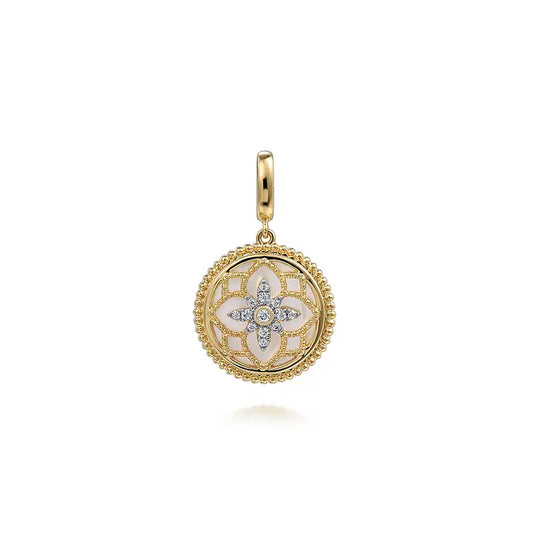 GABRIEL & CO 14K YELLOW GOLD DIAMOND AND MOTHER OF PEARL BUJUKAN 18MM PENDANT