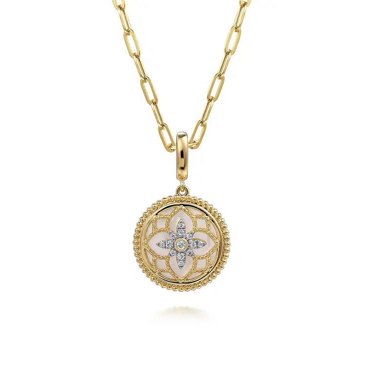 GABRIEL & CO 14K YELLOW GOLD DIAMOND AND MOTHER OF PEARL BUJUKAN 18MM PENDANT