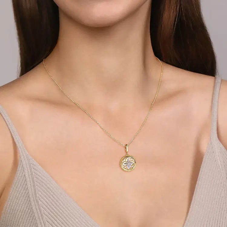 GABRIEL & CO 14K YELLOW GOLD DIAMOND AND MOTHER OF PEARL BUJUKAN 18MM PENDANT
