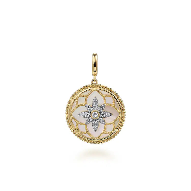 GABRIEL & CO 14K YELLOW GOLD DIAMOND AND MOTHER OF PEARL BUJUKAN 24MM PENDANT