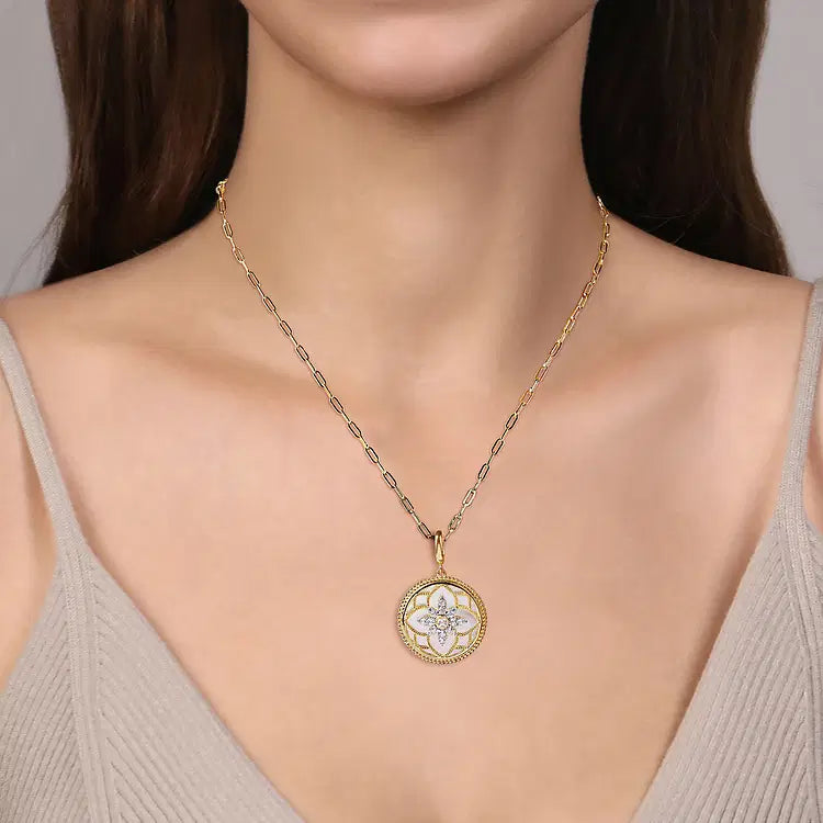 GABRIEL & CO 14K YELLOW GOLD DIAMOND AND MOTHER OF PEARL BUJUKAN 24MM PENDANT