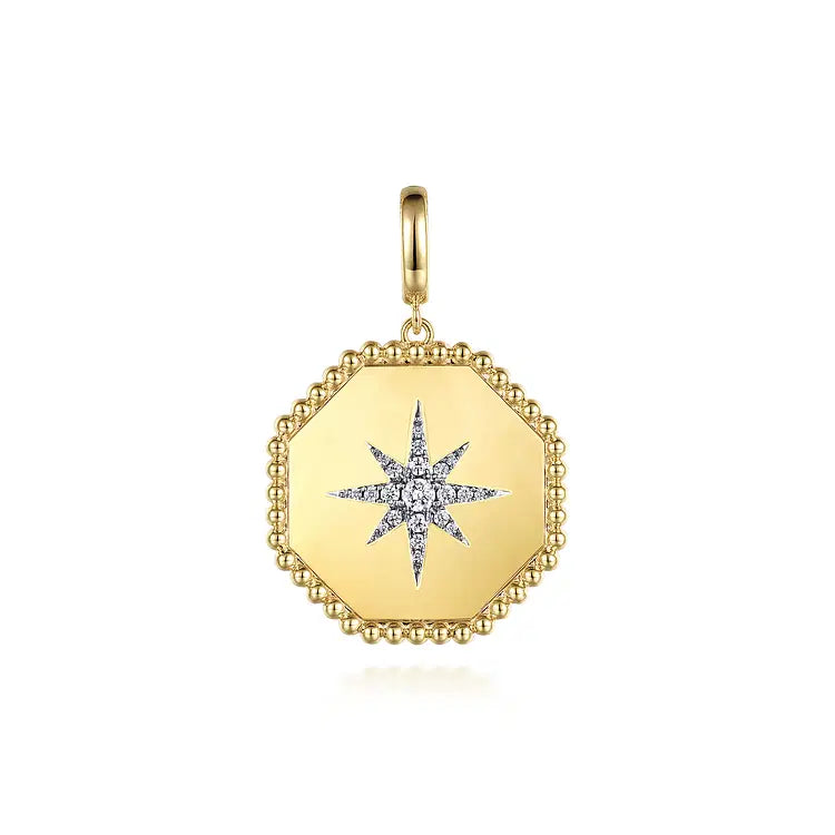 GABRIEL & CO 14K YELLOW GOLD DIAMOND BUJUKAN STARBURST HEXAGON MEDALLION PENDANT