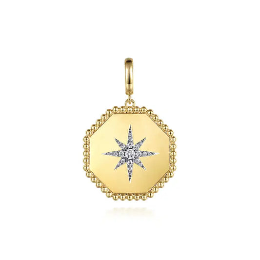GABRIEL & CO 14K YELLOW GOLD DIAMOND BUJUKAN STARBURST HEXAGON MEDALLION PENDANT