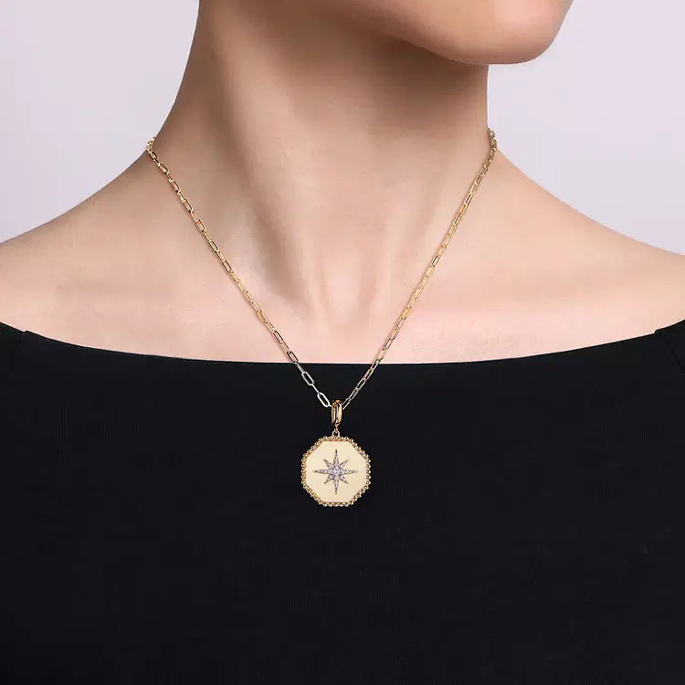GABRIEL & CO 14K YELLOW GOLD DIAMOND BUJUKAN STARBURST HEXAGON MEDALLION PENDANT