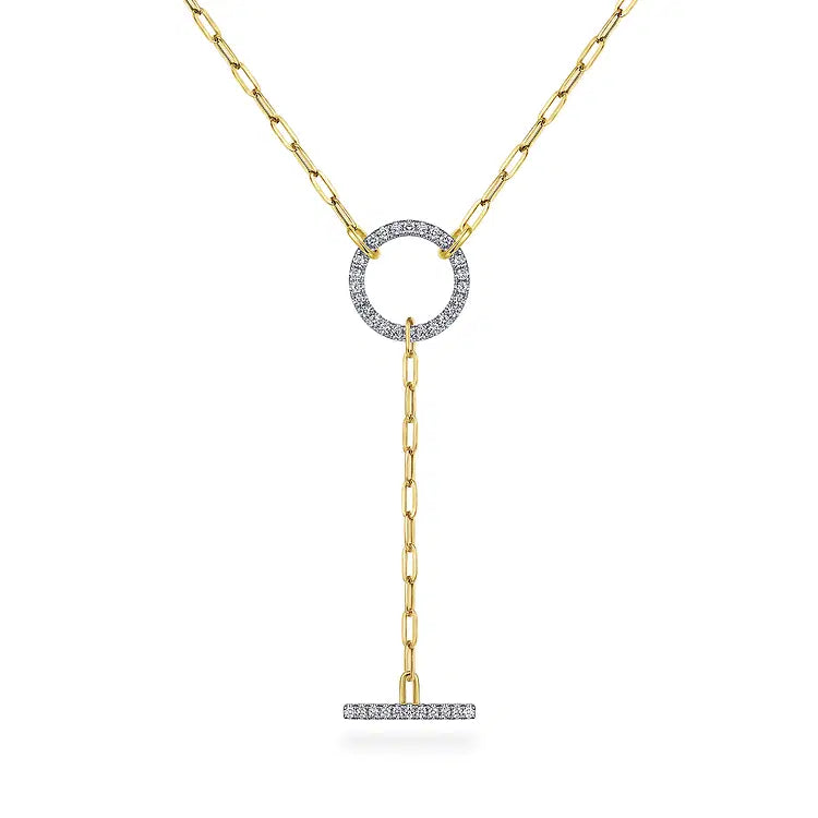 GABRIEL & CO 14K YELLOW GOLD DIAMOND CIRCLE AND BAR Y-KNOT NECKLACE