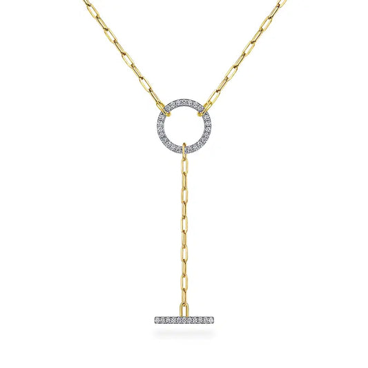 GABRIEL & CO 14K YELLOW GOLD DIAMOND CIRCLE AND BAR Y-KNOT NECKLACE