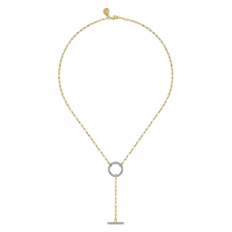 GABRIEL & CO 14K YELLOW GOLD DIAMOND CIRCLE AND BAR Y-KNOT NECKLACE
