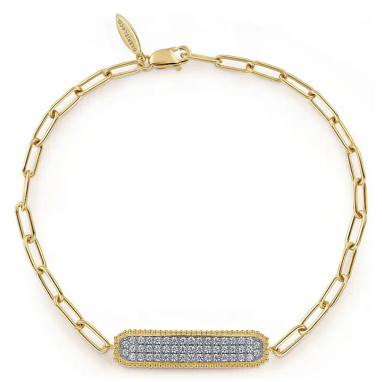 GABRIEL & CO 14K YELLOW GOLD DIAMOND PAVE BAR CHAIN BRACELET