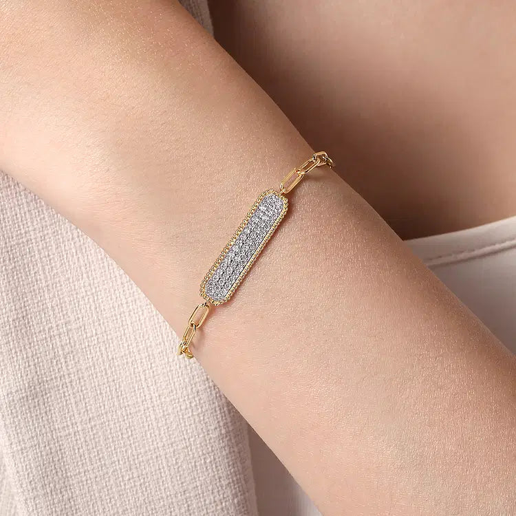 GABRIEL & CO 14K YELLOW GOLD DIAMOND PAVE BAR CHAIN BRACELET