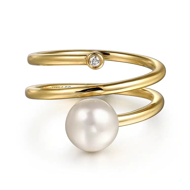 GABRIEL & CO 14K YELLOW GOLD DIAMOND AND PEARL BYPASS RING