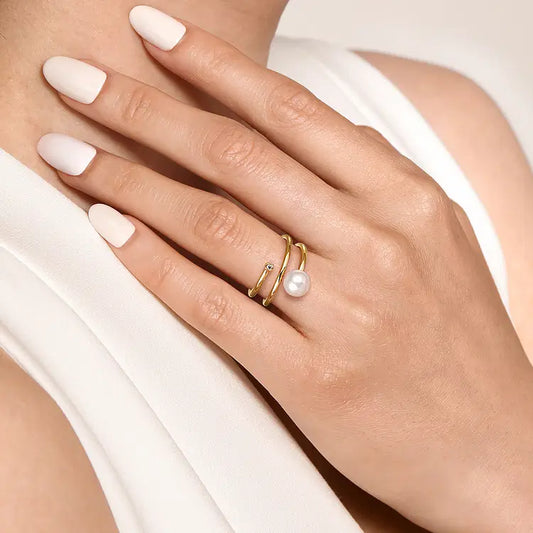 GABRIEL & CO 14K YELLOW GOLD DIAMOND AND PEARL BYPASS RING