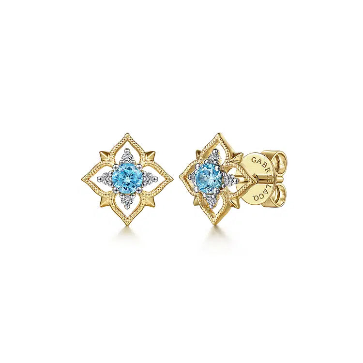 GABRIEL & CO 14K YELLOW GOLD SWISS BLUE TOPAZ  AND DIAMOND EARRINGS