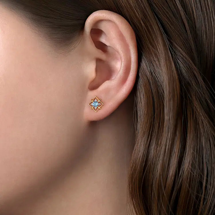 GABRIEL & CO 14K YELLOW GOLD SWISS BLUE TOPAZ  AND DIAMOND EARRINGS
