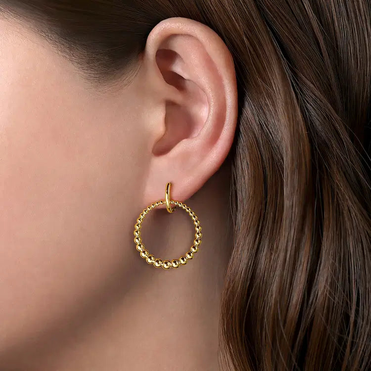 GABRIEL & CO 14K YELLOW GOLD HUGGIE WITH BUJUKAN BEADED CIRCLE DROP EARRINGS