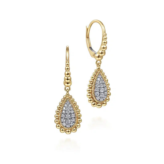 GABRIEL & CO 14K YELLOW GOLD DIAMOND TEARDROP BEADED FRAME EARRINGS