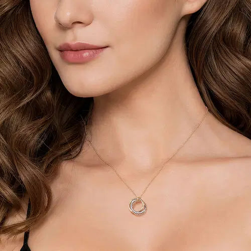 GABRIEL & CO. 14K YELLOW AND WHITE GOLD BUJUKAN DIAMOND INTERLOCKING CIRCLES PENDANT