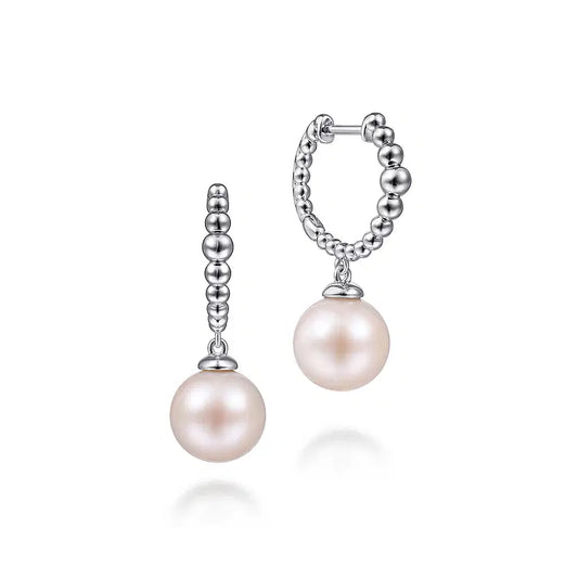 GABRIEL & CO STERLING SILVER BEADED PEARL DROP HUGGIES