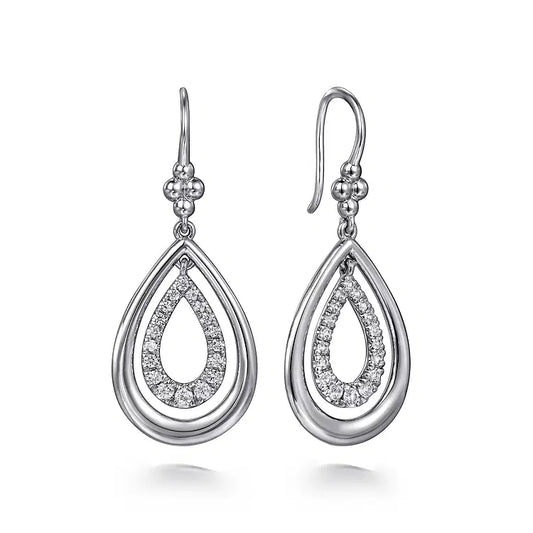 GABRIEL & CO STERLING SILVER WHITE SAPPHIRE TEARDROP FISH WIRE EARRING