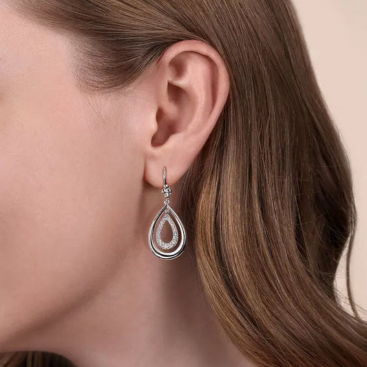 GABRIEL & CO STERLING SILVER WHITE SAPPHIRE TEARDROP FISH WIRE EARRING