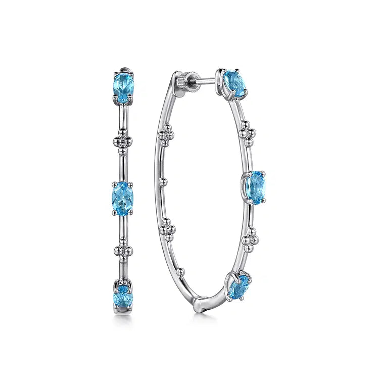 GABRIEL & CO STERLING SILVER SWISS BLUE TOPAZ BUJUKAN HOOP EARRINGS
