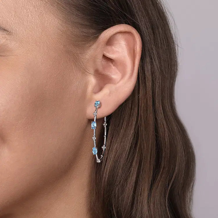 GABRIEL & CO STERLING SILVER SWISS BLUE TOPAZ BUJUKAN HOOP EARRINGS