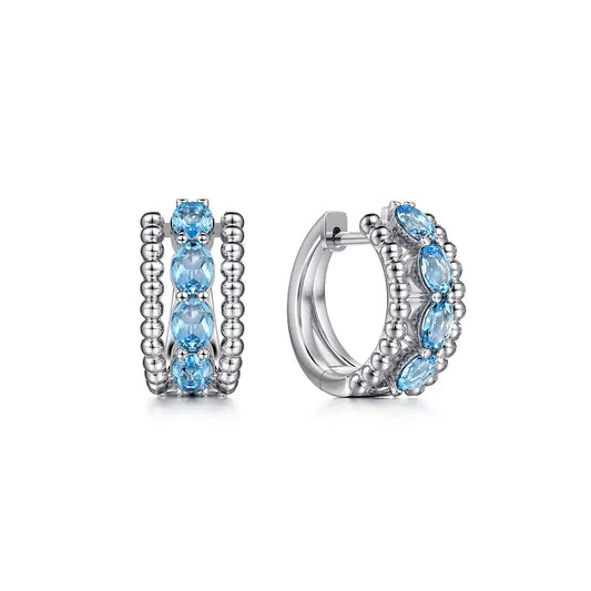 GABRIEL & CO STERLING SILVER AND BLUE TOPAZ HUGGIE HOOPS