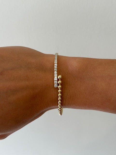 14K YELLOW GOLD DIAMOND AND GOLD BEADED BYPASS BANGLE