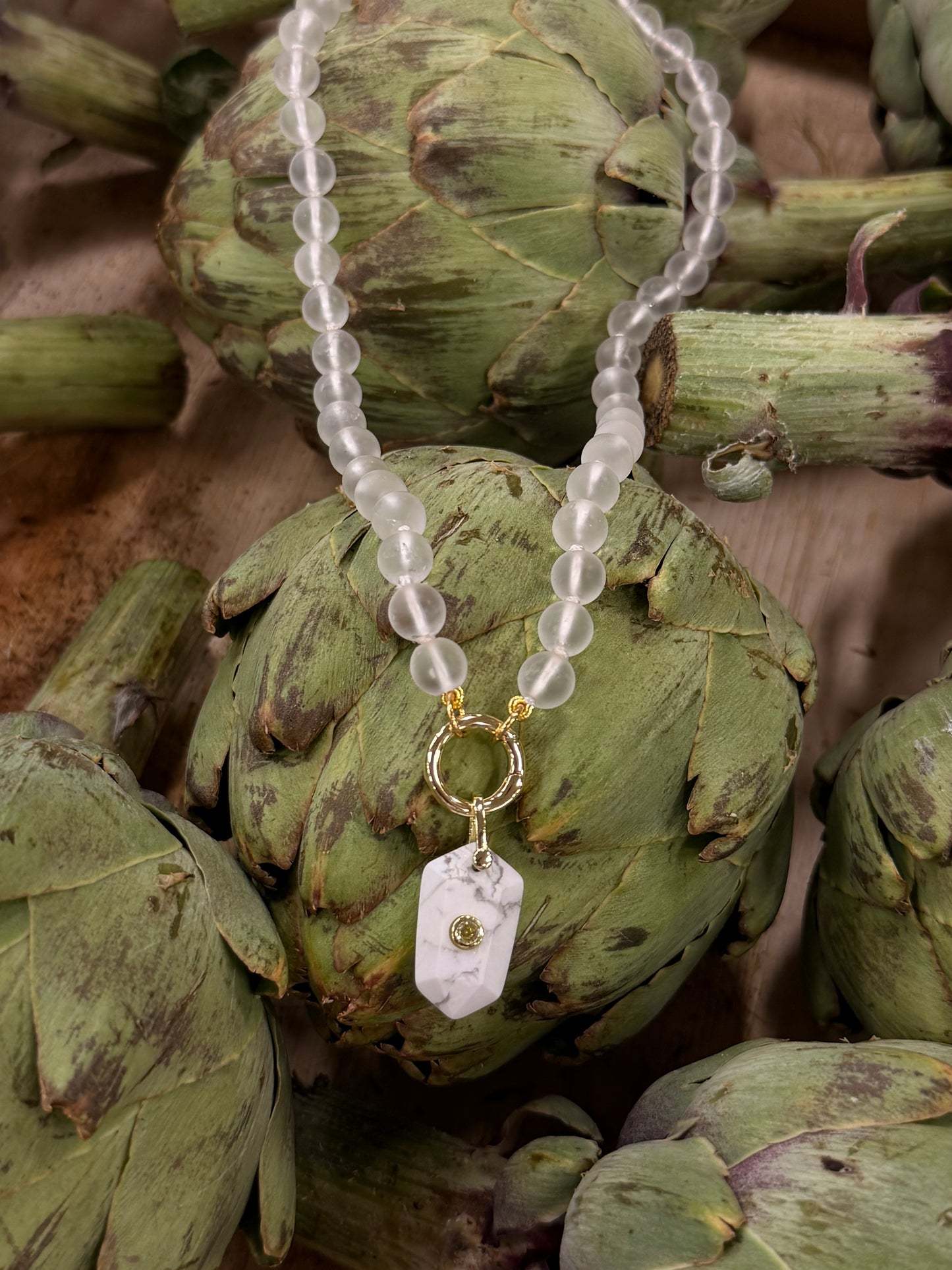 MATTE CRYSTAL QUARTZ BEADED CHARM NECKLACE