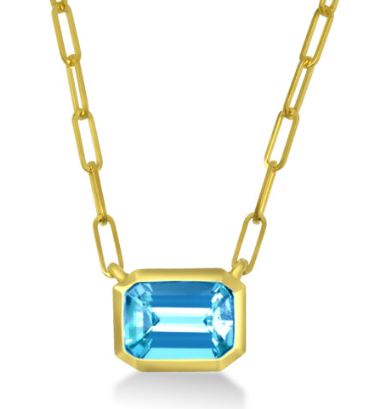 14K YELLOW GOLD EMERALD CUT BLUE TOPAZ BEZEL SET NECKALCE