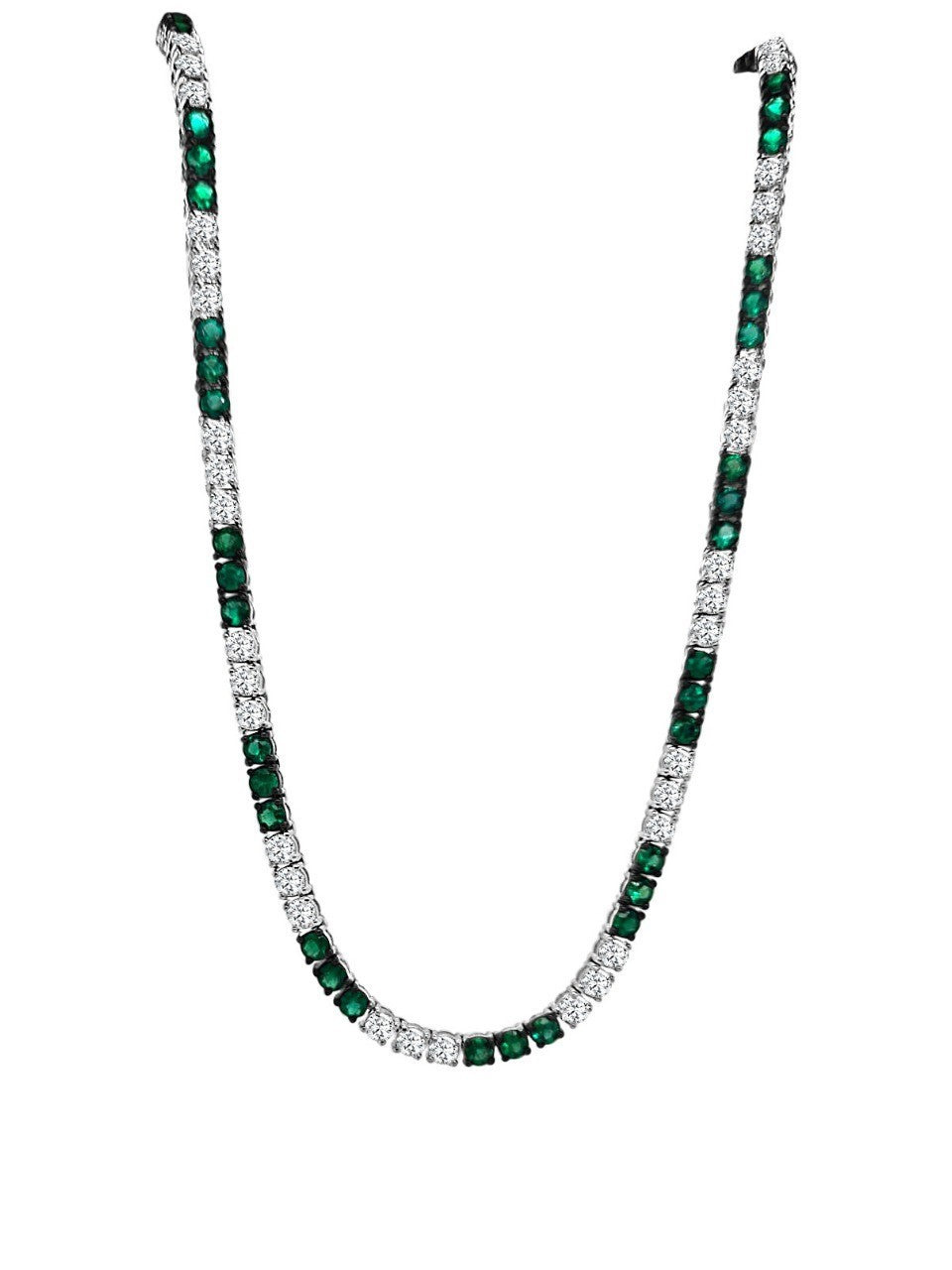 14K WHITE GOLD EMERALD AND DIAMOND TENNIS NECKLACE