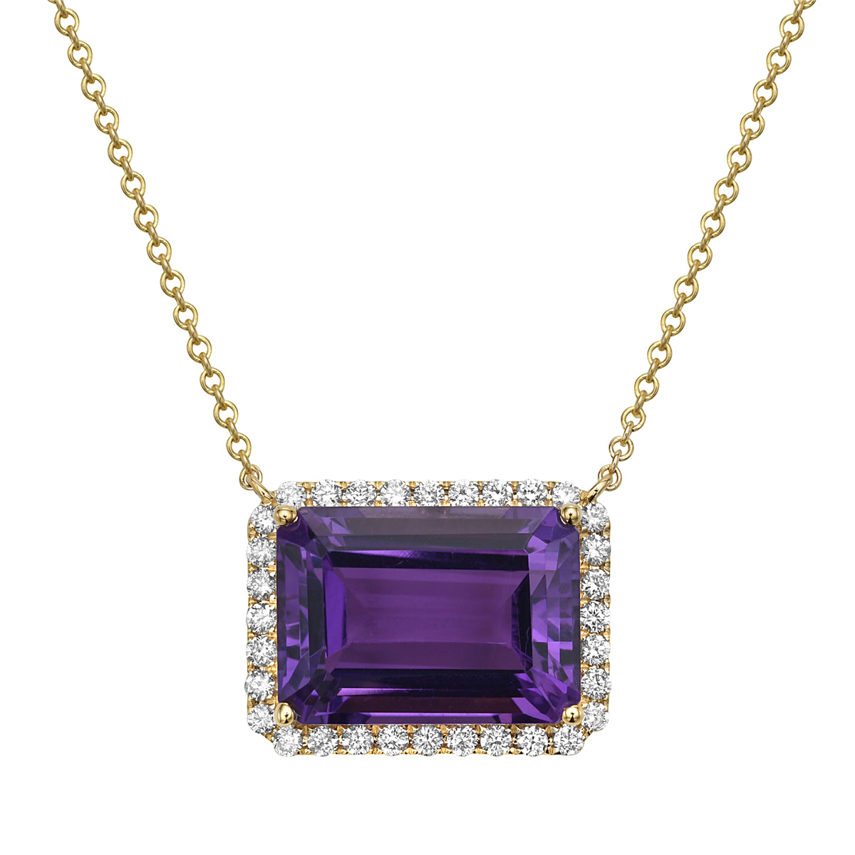 14K YELLOW GOLD PURPLE AMETHYST WITH EARTH MINED DIAMOND HALO NECKLACE