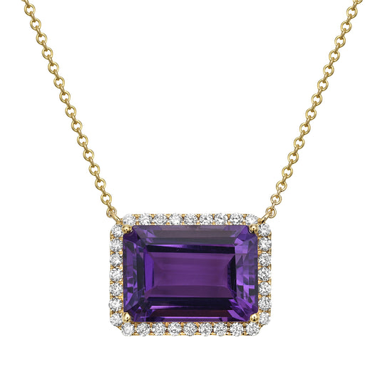 14K YELLOW GOLD PURPLE AMETHYST WITH EARTH MINED DIAMOND HALO NECKLACE