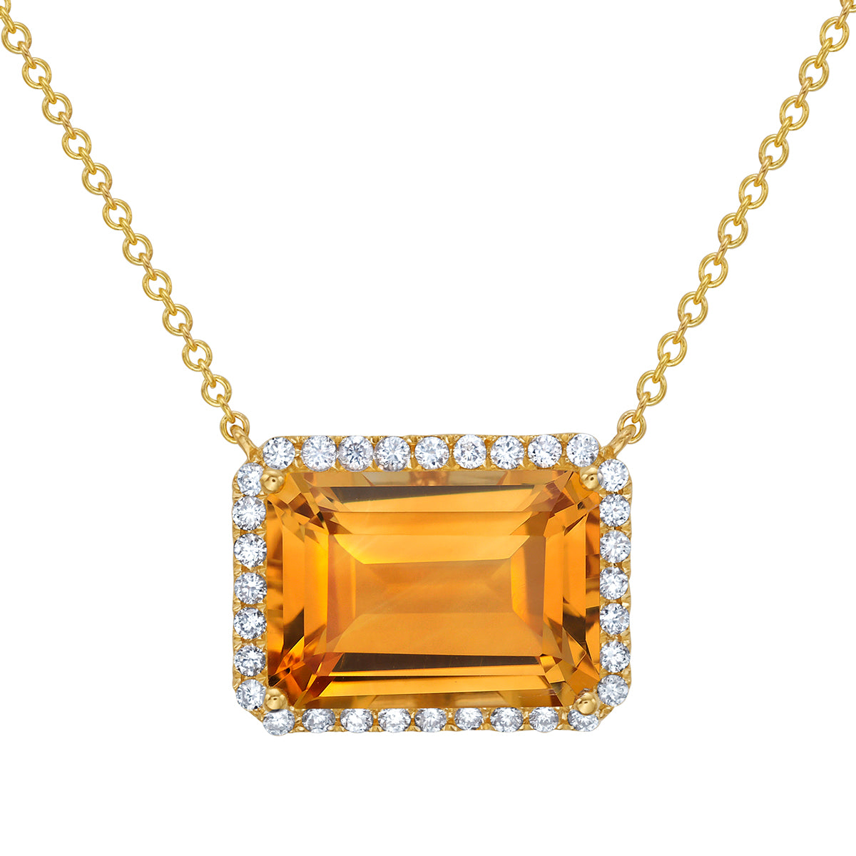 14K YELLOW GOLD CITRINE WITH EARTH MINED DIAMOND HALO NECKLACE