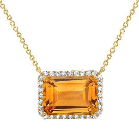 14K YELLOW GOLD CITRINE WITH EARTH MINED DIAMOND HALO NECKLACE