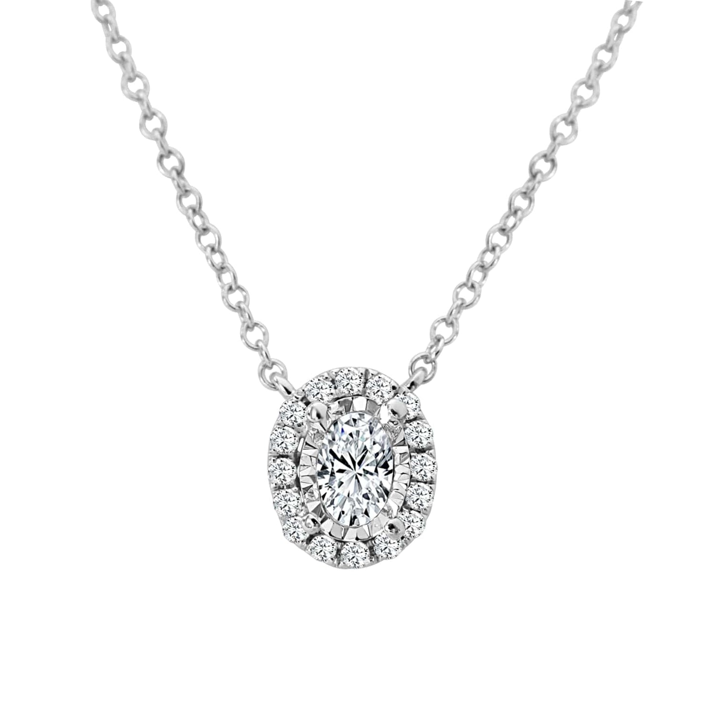 14K WHITE GOLD DIAMOND OVAL MIRACLE TOP HALO NECKLACE