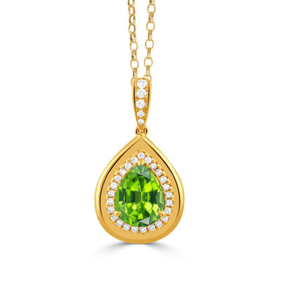 18K YELLOW GOLD PEAR SHAPED DIAMOND PENDANT WITH PERIDOT CENTER
