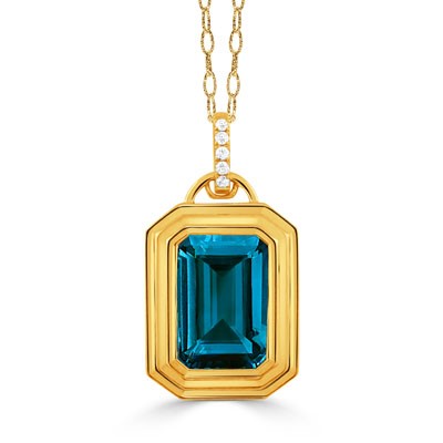 18K YELLOW GOLD BEZEL SET LONDON BLUE TOPAZ PENDANT WITH DIAMOND BAIL