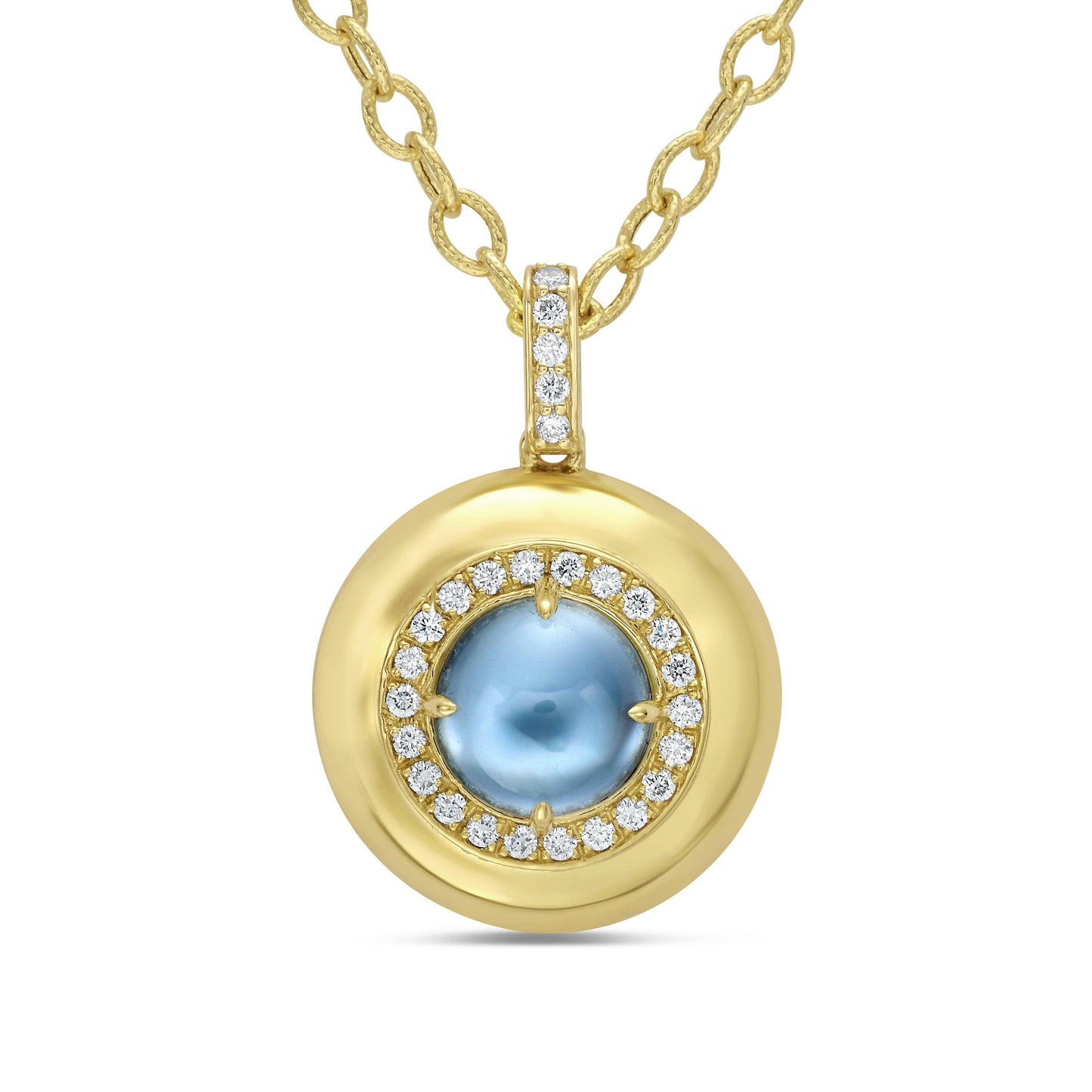 14K YELLOW GOLD BLUE TOPAZ AND DIAMOND ROUND PENDANT