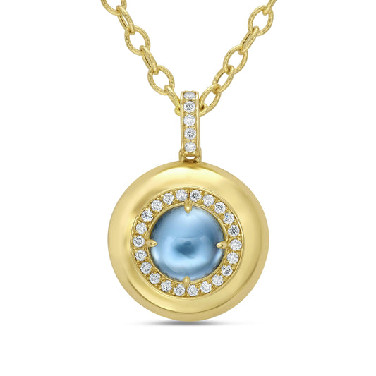 14K YELLOW GOLD BLUE TOPAZ AND DIAMOND ROUND PENDANT