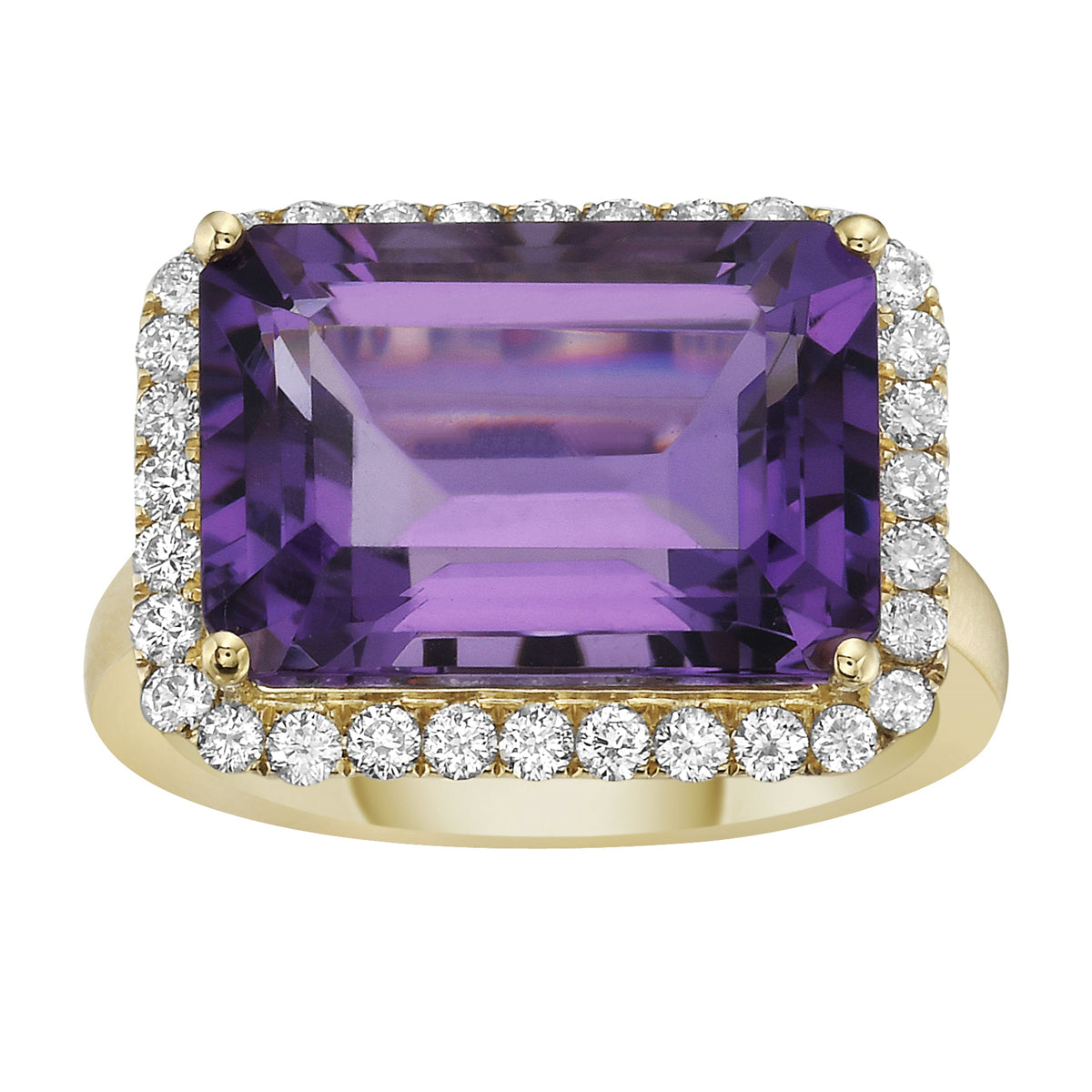 14K YELLOW GOLD PURPLE AMETHYST WITH EARTH MINED DIAMOND HALO COCKTAIL RING
