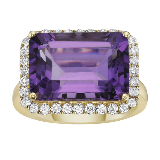 14K YELLOW GOLD PURPLE AMETHYST WITH EARTH MINED DIAMOND HALO COCKTAIL RING