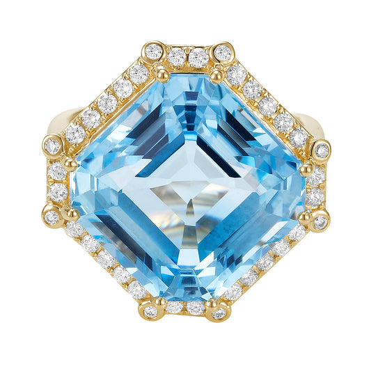 14K YELLOW GOLD SKY BLUE TOPAZ WITH EARTH MINED DIAMOND HALO COCKTAIL RING