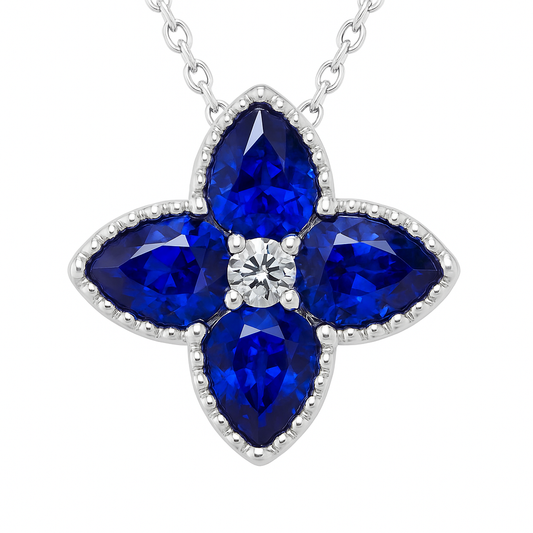 18K WHITE GOLD SAPPHIRE AND DIAMOND FLOWER PENDANT