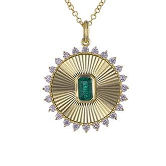 14K YELLOW GOLD ROUND FLUTED PENDANT WITH DIAMOND TRIM AND EMERALD GREEN CENTER STONE