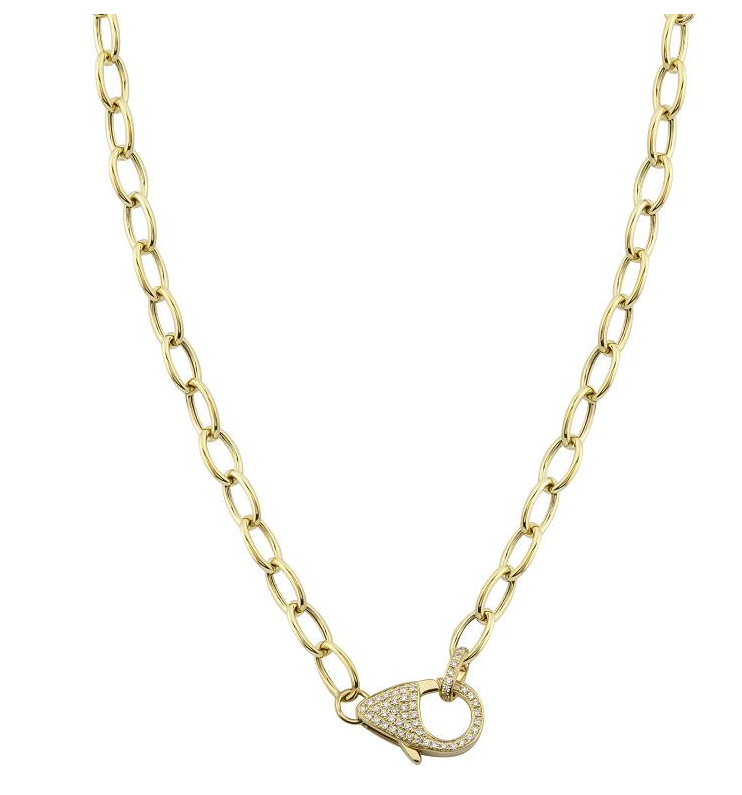 14K YELLOW GOLD OVAL LINK DIAMOND LOBSTER CLASP CHARM NECKLACE